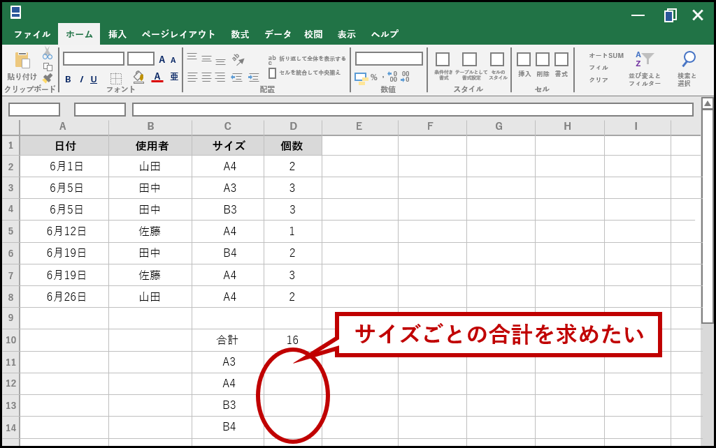 サイズごとの合計を求めたい