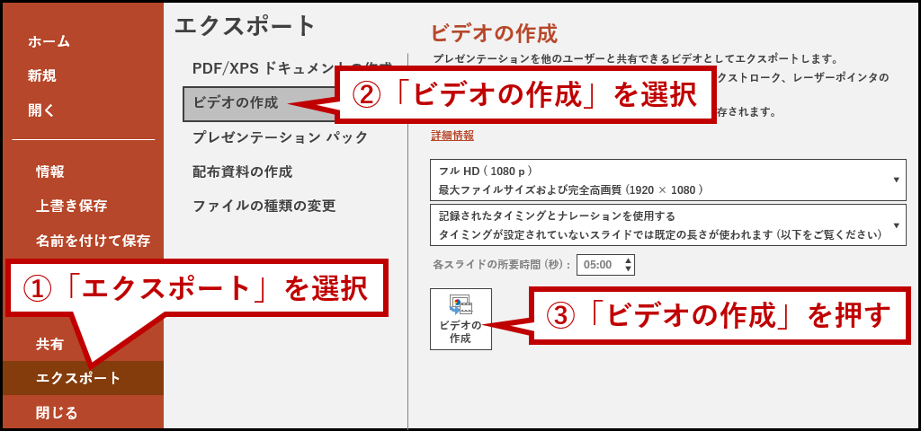 エクスポートからビデオの作成